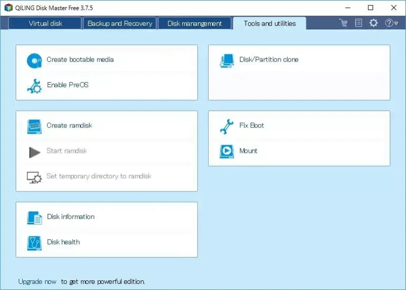 Win10→QILING Disk Master Free→Tools and utillities