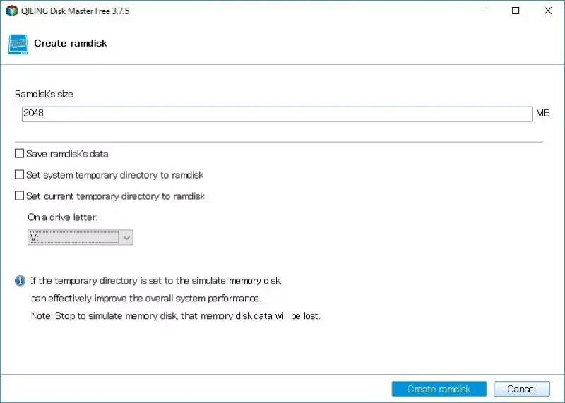 Win10→QILING Disk Master Free→Tools and utillities→RAMディスクの作成