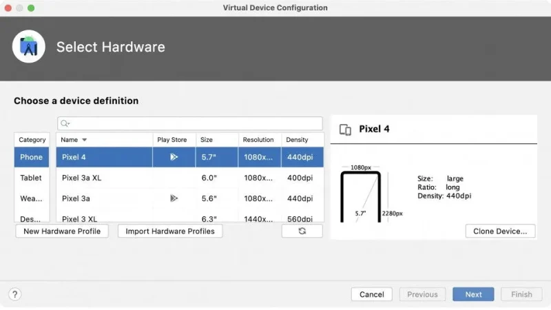 Macアプリ→Android Studio→Device Manager