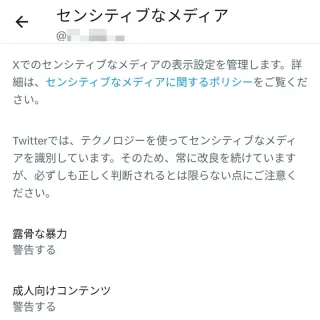 X（Twitter）→設定→プライバシーと安全→表示するコンテンツ→センシティブなメディア