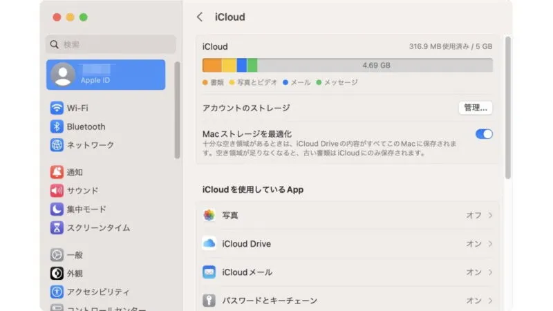 Mac→システム設定→Apple Account→iCloud