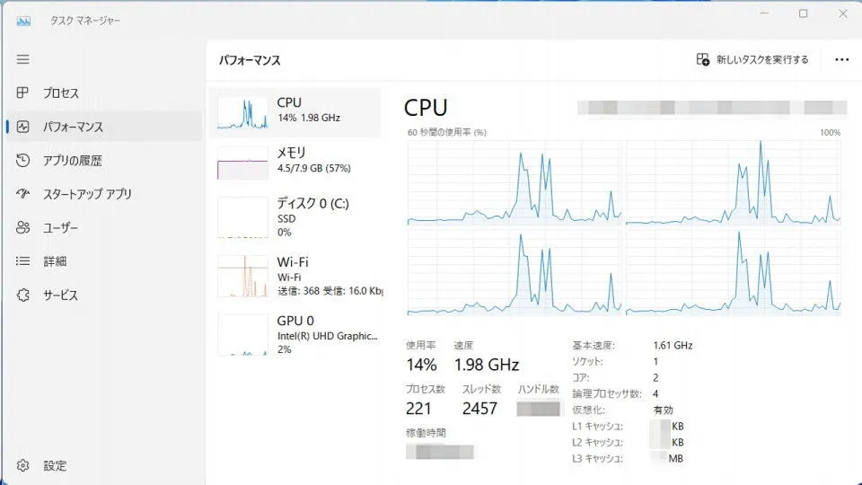 Windows 11→タスクマネージャー→パフォーマンス→CPU→論理プロセッサ