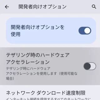 Pixel→設定→システム→開発者向けオプション→項目→テザリング時のハードウェアアクセラレーション