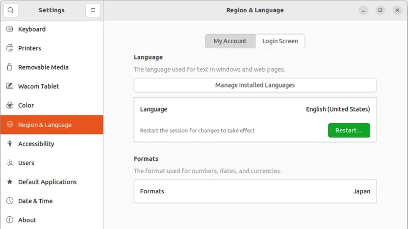 Ubuntu→Settings→Region Language