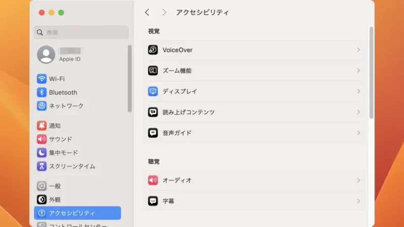 Mac→システム設定→アクセシビリティ