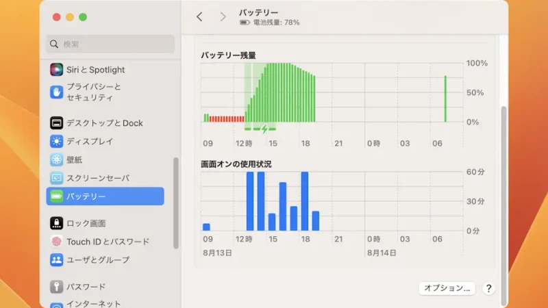 Mac→システム設定→バッテリー