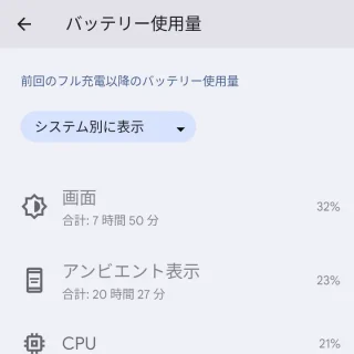 Pixel→設定→バッテリー→バッテリー使用量→システム別