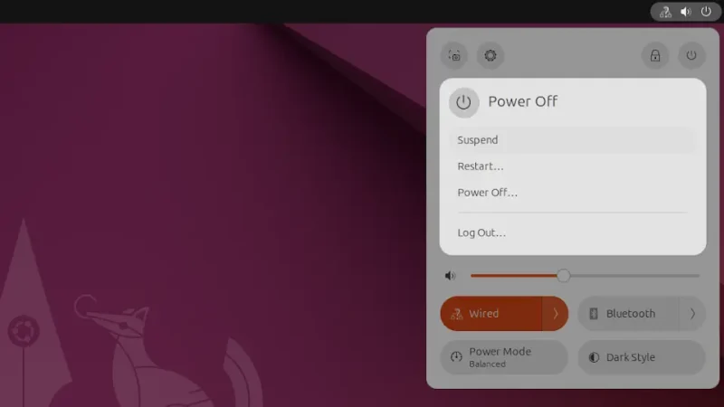 Ubuntu 24.04 LTS→デスクトップ→電源メニュー