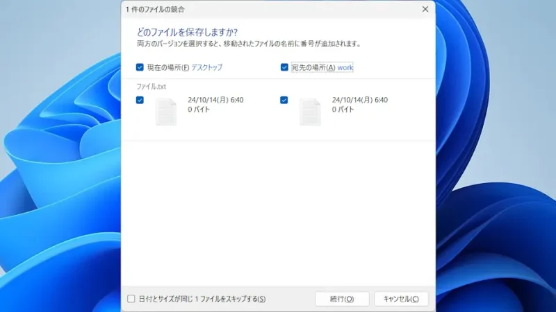 Windows 11→ダイアログ→ファイルの置換またはスキップ→1件のファイルの競合