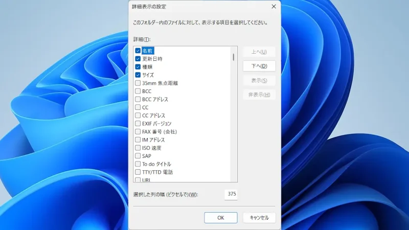 Windows 11→エクスプローラー→詳細→詳細表示の設定