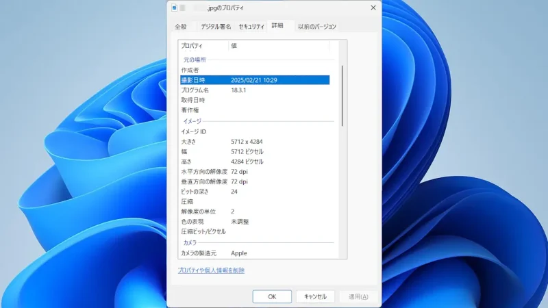 Windows 11→写真（.jpg）→プロパティ→詳細