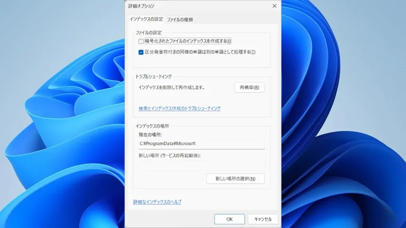 Windows 11→設定→プライバシーとセキュリティ→Windows検索→インデックスのオプション→詳細オプション→インデックスの設定