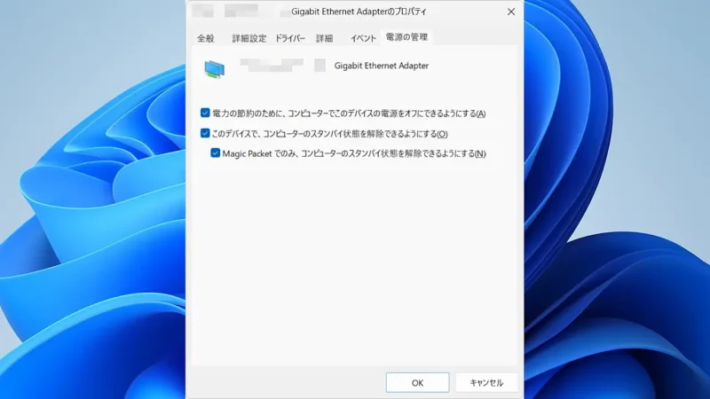 Windows 11→デバイスマネージャー→ネットワークアダプター→有線LANアダプター→プロパティ→電源管理