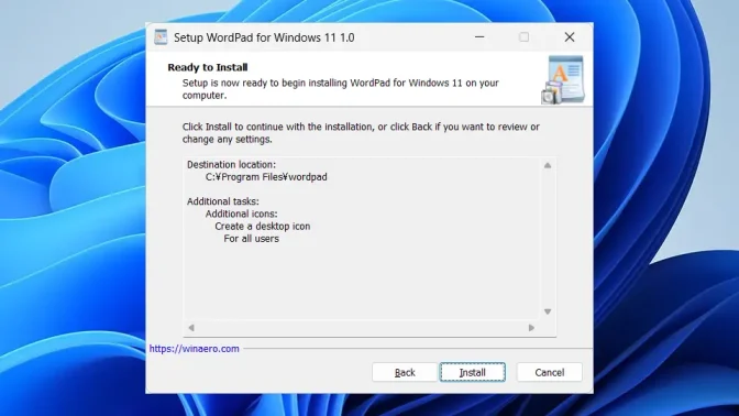 Windows 11→インストール→WordPad for Windows 11