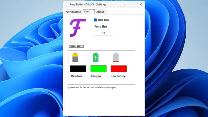 Windows 11→タスクバー→システムトレイ→Pure Battery Add-On Settings