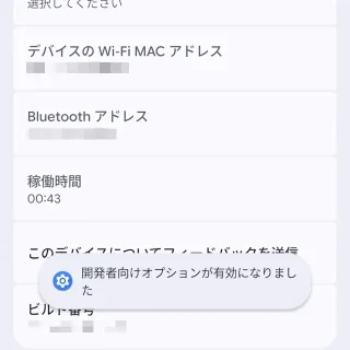 Androidスマートフォン→設定→デバイス情報→トースト→開発者向けオプションが有効になりました