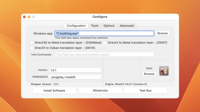 Macアプリ→Sikarugir Creator→.app→Configure