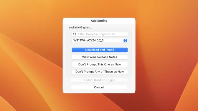 Macアプリ→Sikarugir Creator→Add Engine