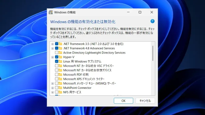 Windows 11→コントロールパネル→プログラムと機能→Windowsの機能の有効化または無効化
