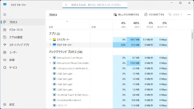 Windows 11→タスクマネージャー→プロセス