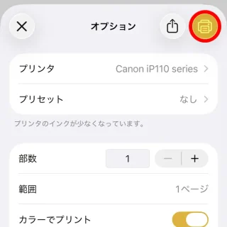 iPhone→プリント→オプション→印刷ボタン