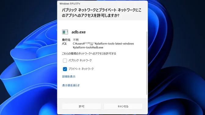 Windows 11→パブリックネットワークとプライベートネットワークにこのアプリへのアクセスを許可しますか?→これらの種類のネットワークへのアクセスを許可する