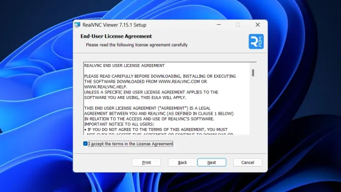 Windows 11→インストール→RealVNC Viewer→End-User License Agreement