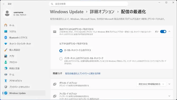 Windows 11→設定→Windows Update→詳細オプション→配信の最適化
