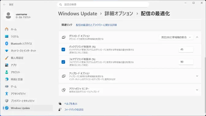 Windows 11→設定→Windows Update→詳細オプション→配信の最適化→ダウンロードオプション