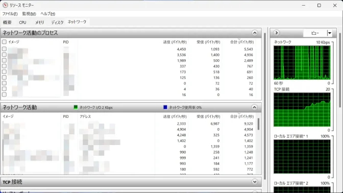 Windows 11→タスクマネージャー→パフォーマンス→Wi-Fi→リソースモニター
