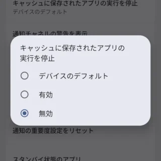 Androidスマートフォン→設定→システム→開発者向けオプション→アプリ→キャッシュに保存されたアプリの実行を停止