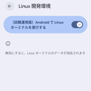Androidスマートフォン→設定→システム→開発者向けオプション→Linux開発環境