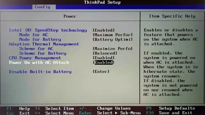 ThinkPad X270→UEFI→Config→Power→Power On with AC Attach→Enabled