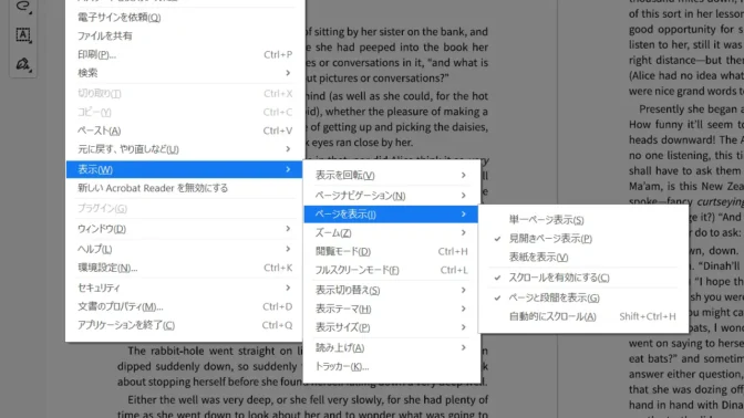 Adobe Acrobat→メニュー→表示→ページを表示
