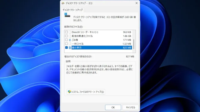 Windows 11→ディスククリーンアップ→縮小表示