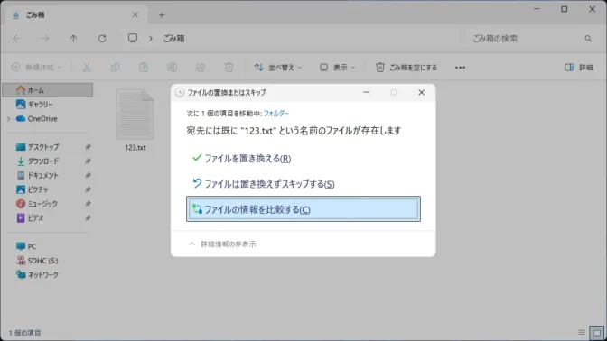 Windows 11→エクスプローラー→ごみ箱→ファイル→元に戻す→ファイルの置換またはスキップ→ファイルの情報を比較する