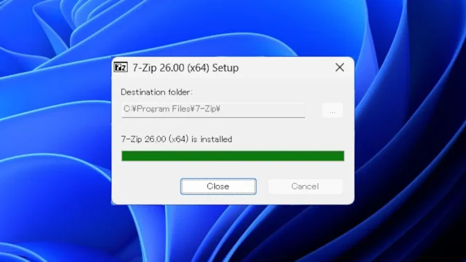 Windows 11→インストール→7-Zip→完了