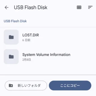 Androidアプリ→Files by Google→内部ストレージ→ファイル→選択済み→コピー→USBメモリ→ここにコピー