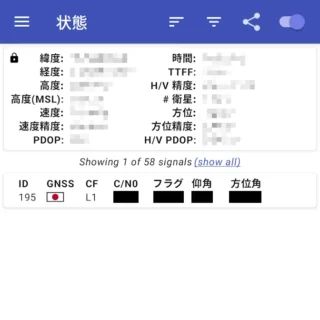 Androidアプリ→GPSTest→みちびき（QZSS）→すべての値が表示されている