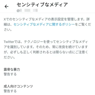 Androidアプリ→X（Twitter）→設定→プライバシーと安全→表示するコンテンツ→センシティブなメディア