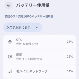 Androidスマートフォン→バッテリー→バッテリー使用量→システム別に表示