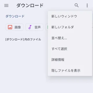 Androidスマートフォン→設定→ストレージ→内蔵ファイルマネージャー→ダウンロード→メニュー