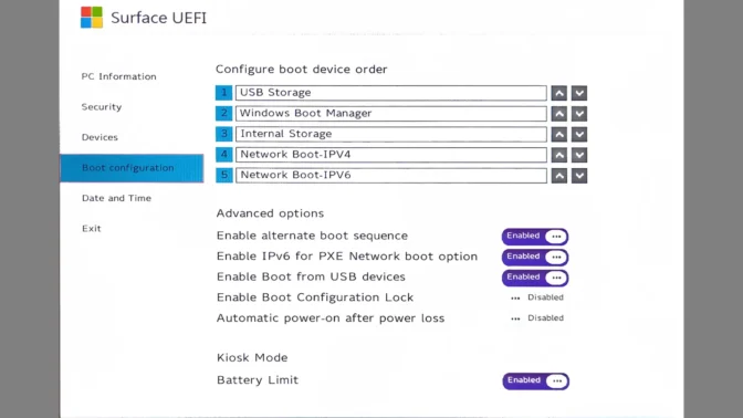 Surface UEFI→PC Information→Boot configuration
