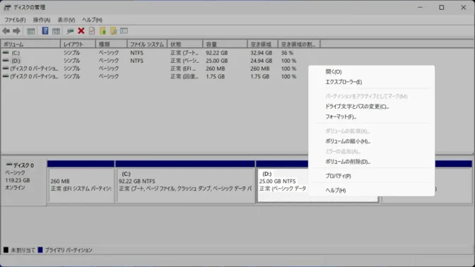 Windows 11→ディスクの管理→ディスク→D:→メニュー→ボリュームの削除