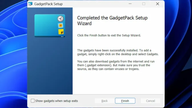 Windows 11→インストール→GadgetPack→完了