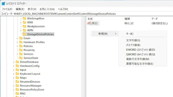 Windows 11→レジストリエディター→Control→StorageDevicePolicies→コンテキストメニュー