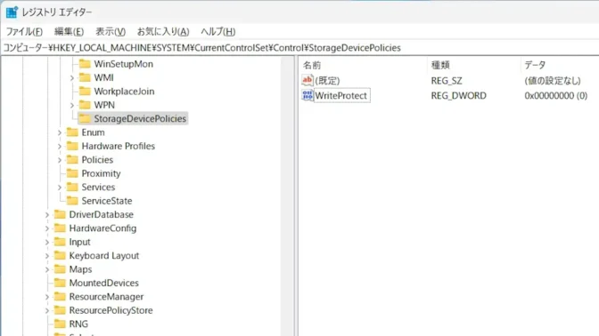 Windows 11→レジストリエディター→Control→StorageDevicePolicies→WriteProtect