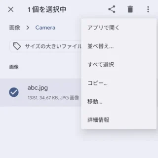 Androidスマートフォン→設定→ストレージ→内蔵ファイルマネージャー→JPGファイル→選択済み→メニュー
