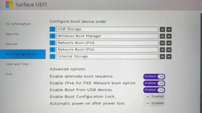 Surface UEFI→Boot configuration