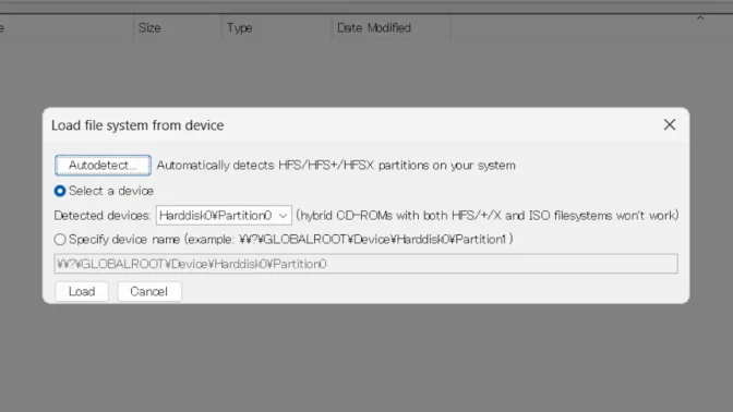 Windows 11→HFSExplorer→Load file system from device